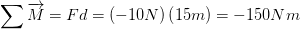 Descripción: \displaystyle \sum{\overrightarrow{M}}=Fd=\left( -10N \right)\left( 15m \right)=-150Nm